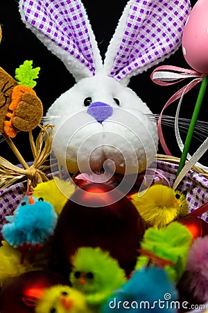 Easter Bunny in a basket , hollyday arrangements Stock Photo