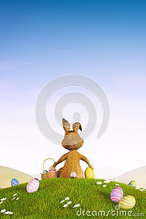 Easter bunny with a basket and Easter eggs Stock Photo