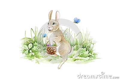 Easter bunny with a basket of eggs. on the meadow watercolor illustration. Funny cute little rabbit on the green grass. Traditiona Cartoon Illustration