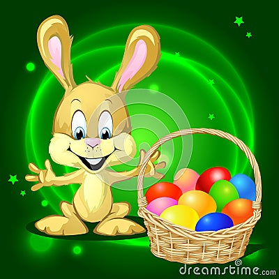 Easter bunny with a basket full of colorful eggs Vector Illustration