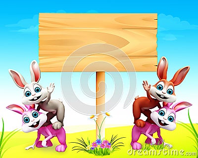 Easter bunny with big wooden signb Cartoon Illustration
