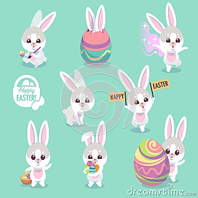 Easter bunny characters. Cute rabbit with easter egg cartoon bunnies vector set Vector Illustration