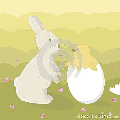 Easter bunny and chick Cartoon Illustration