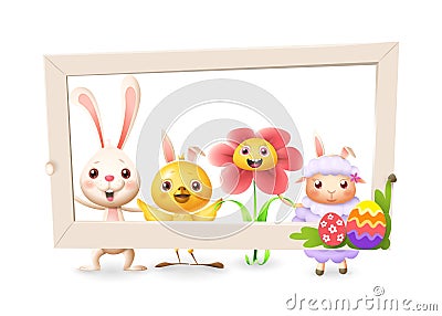 Easter bunny chicken flower and lamb celebrate Easter with social network photo frame - isolated on white background Vector Illustration