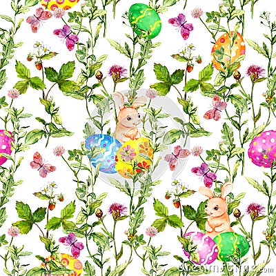 Easter bunny with colored eggs in grass, flowers, butterflies. Seamless floral easter pattern with egg hunt. Watercolor Stock Photo