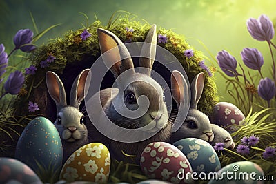 Easter Bunny Delivers Colorful Eggs Stock Photo