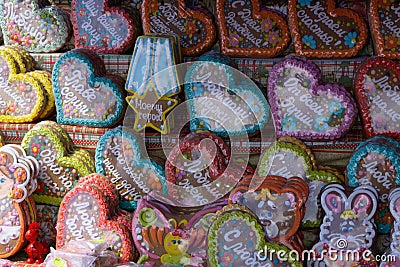 Easter bunny cookies, homemade painted gingerbread biscuits in glaze shaped funny rabbits for Easter treats . Russia Berezniki 26 Editorial Stock Photo