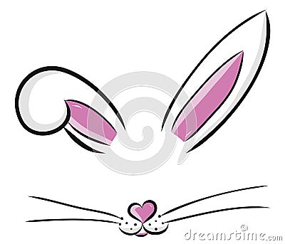 Easter bunny cute vector illustration drawn by hand. Bunny face, ears and tiny muzzle with whiskers isolated on white Vector Illustration