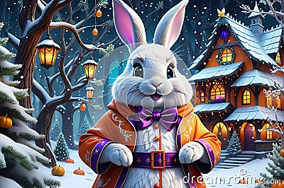 Easter Bunny Dressed in a Whimsical Halloween Costume: Surrounded by an Enchanted Christmas Setting Stock Photo