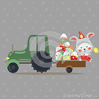 Easter bunny drive car with truck, decorated eggs hunter cute white rabbit auto driver hunting, happy holiday vector Vector Illustration