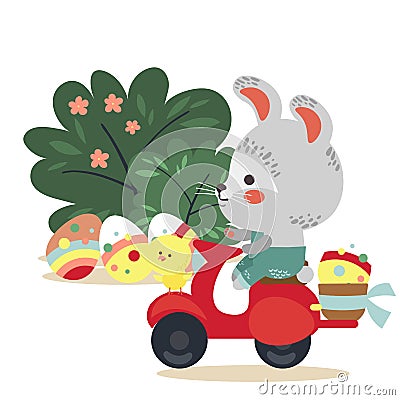 Easter bunny drive motorcycle, decorated eggs hunter hare carries a baskett, cute white rabbit auto driver hunting Vector Illustration