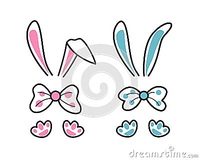 Easter bunny ears, bow and paw set Vector Illustration