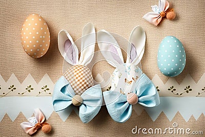 Easter Bunny ears from napkins and eggs. Quail and chicken eggs. Gray textile background. Happy easter Stock Photo