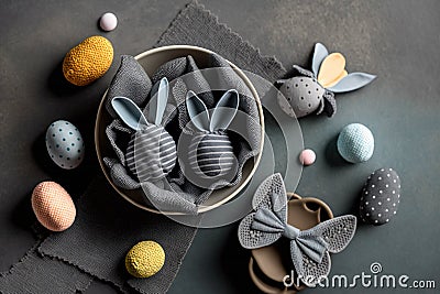 Easter Bunny ears from napkins and eggs. Quail and chicken eggs. Gray textile background. Happy easter Stock Photo