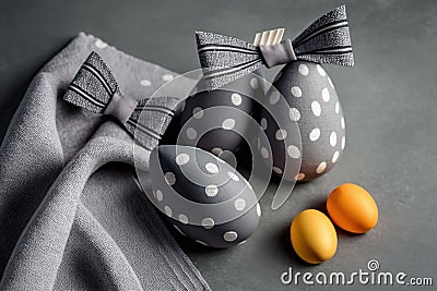 Easter Bunny ears from napkins and eggs. Quail and chicken eggs. Gray textile background. Happy easter Stock Photo
