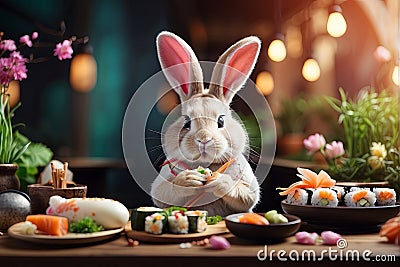 Easter bunny eating tasty sushi , restaurant background Stock Photo