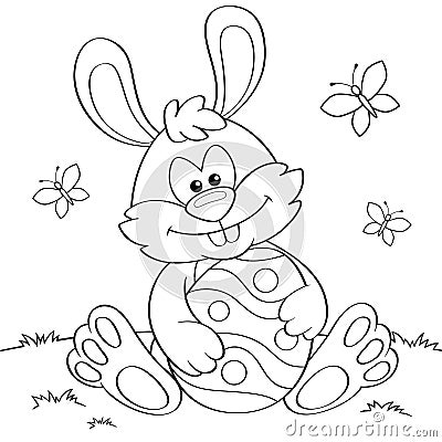 Easter Bunny with egg. Black and white vector illustration for coloring book Vector Illustration