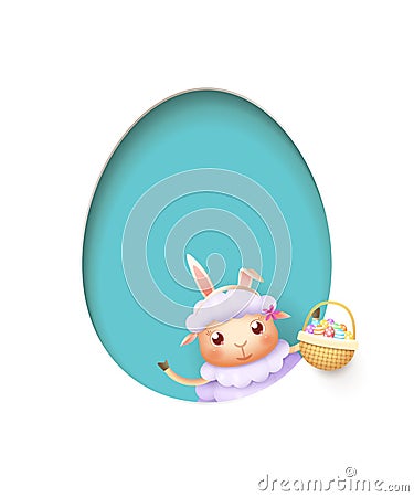 Easter lamb in a egg shaped blue hole with a basket filled with decorated eggs - isolated on white Vector Illustration