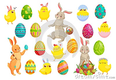 Easter bunny eggs. Cute rabbit, spring chicks and colorful egg vector illustration set Vector Illustration