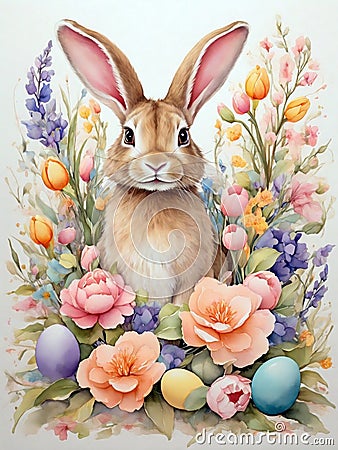 Easter bunny with eggs and flowers, Easter celebration, with painted Bunny figure Stock Photo