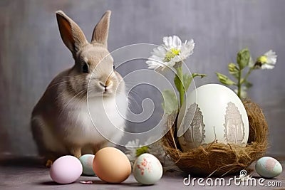 Easter bunny and eggs on a gray background. Happy Easter. Stock Photo