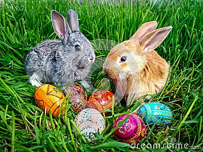 Easter bunny with eggs on green grass Stock Photo