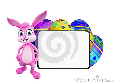 Easter Bunny with eggs and signboard Cartoon Illustration