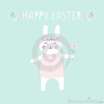 Easter bunny with flowers. hand-drawn. Vector illustration. Vector Illustration