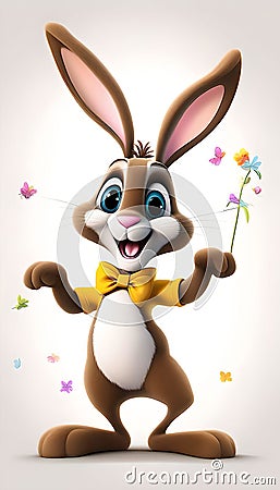 Easter Bunny happy with a big smile and carrying a spring flower. Stock Photo