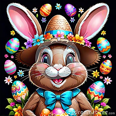 Easter bunny hat colored eggs holiday color celebration Cartoon Illustration