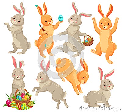 Easter bunny. Jumping rabbit, dancing funny bunnies animals and rabbits easters eggs vector cartoon illustration set Vector Illustration