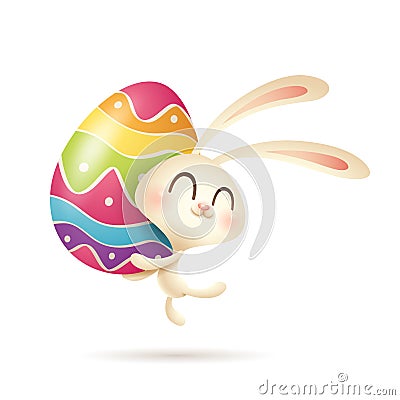 Easter bunny jumps up with a painted egg. Vector Illustration