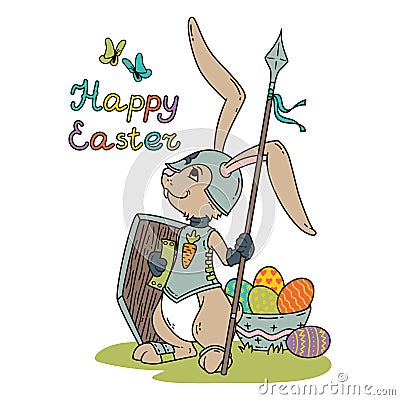 Easter bunny knight with a lance and shield. Vector Illustration