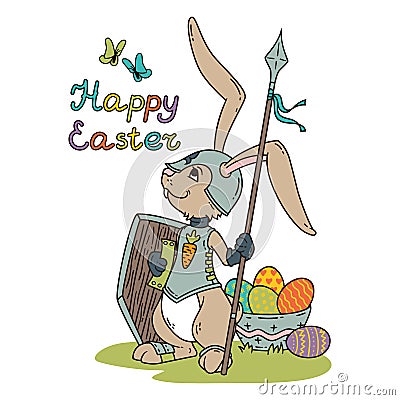 Easter bunny knight with a lance and shield Stock Photo