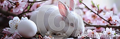 easter bunny laying on egg and spring blossoms with white peony Stock Photo
