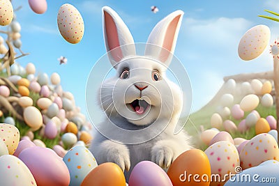 The Easter Bunny looks bright with colorful Easter eggs on Easter celebration in pastel background. Created using Generative AI Stock Photo