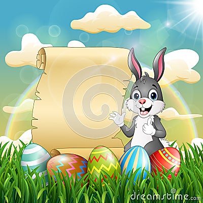 Easter bunny near paper scroll and easter egg Vector Illustration