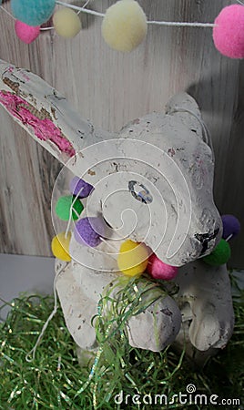 Easter bunny paper mache craft.. white, pink ears, possessed eyes Stock Photo