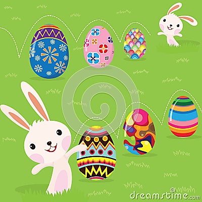 Easter bunny playful with painted eggs Vector Illustration