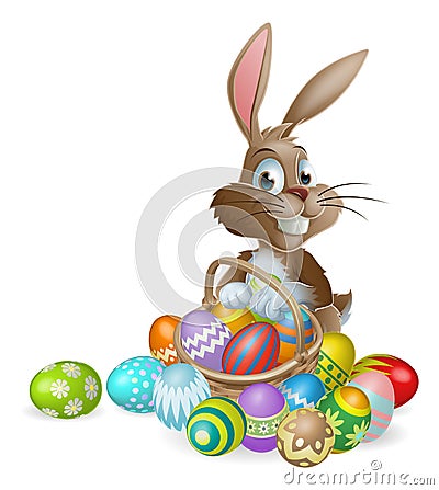 Easter bunny rabbit with Easter eggs basket Vector Illustration