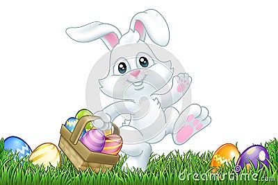 Easter Bunny Rabbit Eggs Basket Background Cartoon Vector Illustration