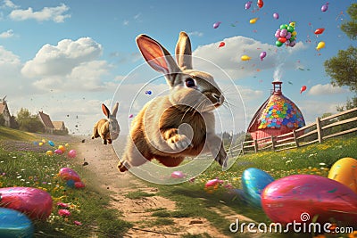 Easter Bunny Racing with Easter Eggs Flying in Sunny Landscape Stock Photo