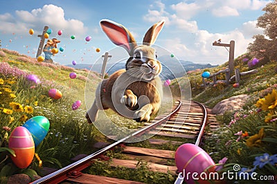 Easter Bunny Racing with Easter Eggs Flying in Sunny Landscape Stock Photo