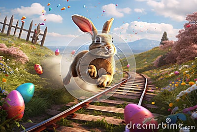 Easter Bunny Racing with Easter Eggs Flying in Sunny Landscape Stock Photo