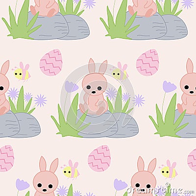 Easter bunny on a rock, seamless pattern design Vector Illustration