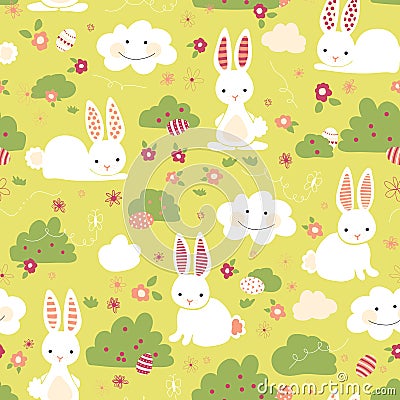 Easter bunny seamless vector pattern. Cute bunnies, Easter eggs, flowers, clouds on green background. Cartoon style rabbits hiding Vector Illustration