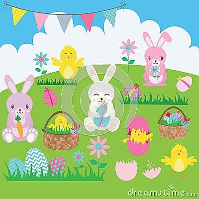 Easter Bunny set. Basket, Flower, Rabbit, Bunting, Easter Egg, Easter Chicks. Vector Illustration