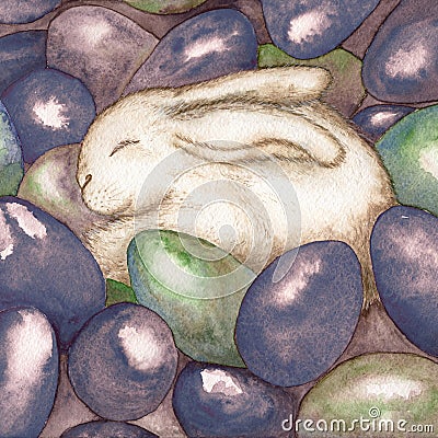 Easter bunny sleep in the colorful eggs. Cartoon Illustration