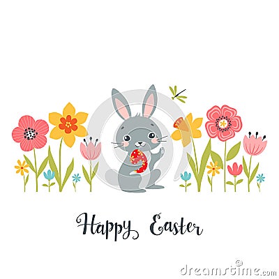 Easter bunny among spring flowers Vector Illustration