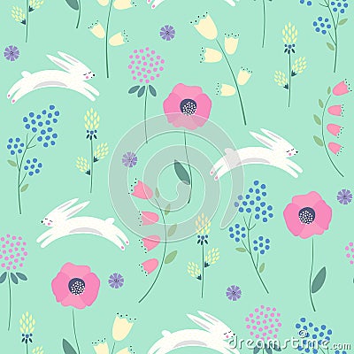 Easter bunny with spring flowers seamless pattern on green background. Vector Illustration